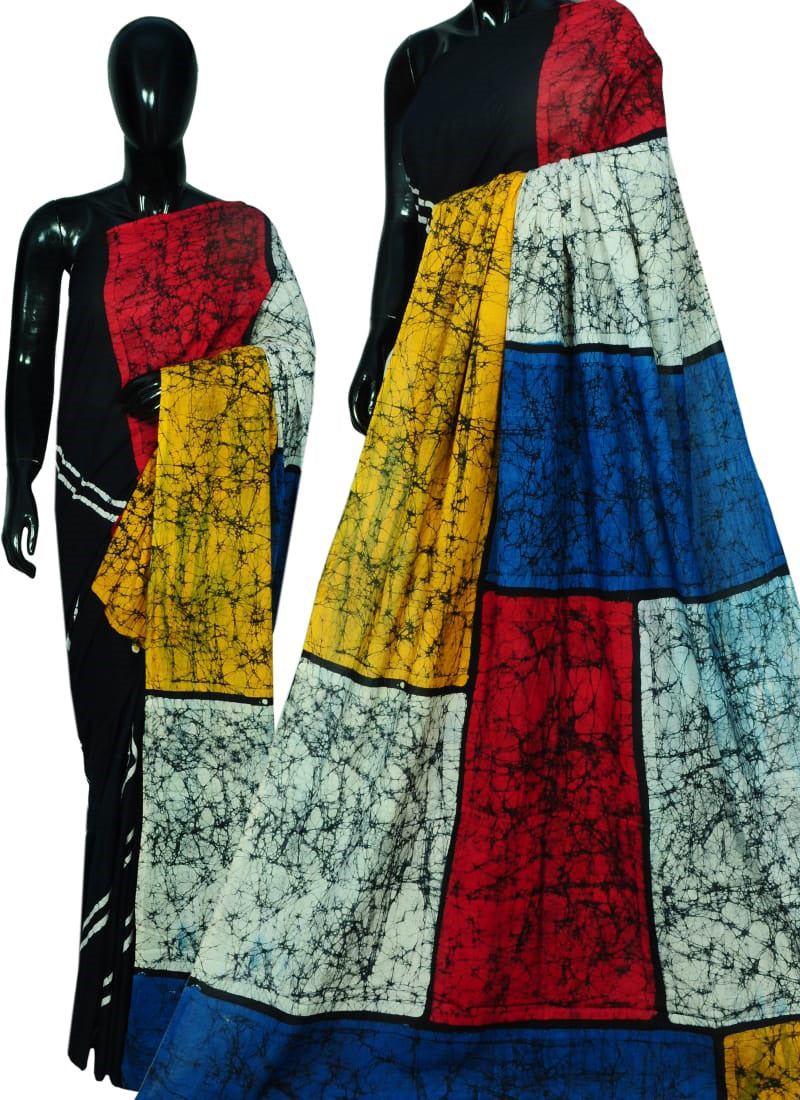 Black Bagru Printed Pure Cotton Sarees - Dailybuyys