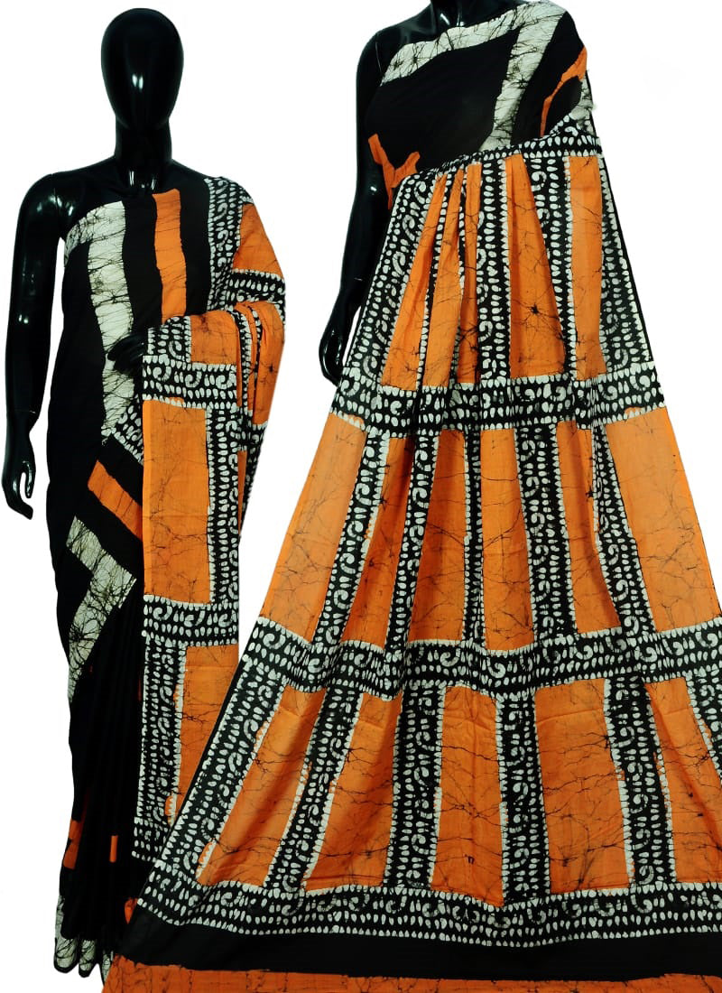 Orange Black Bagru Printed Pure Cotton Sarees - Dailybuyys