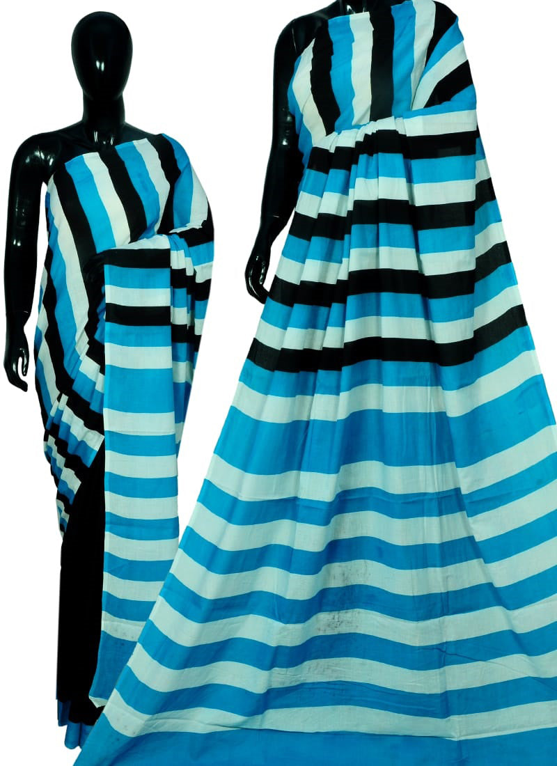 Blue Black Bagru Printed Pure Cotton Sarees - Dailybuyys