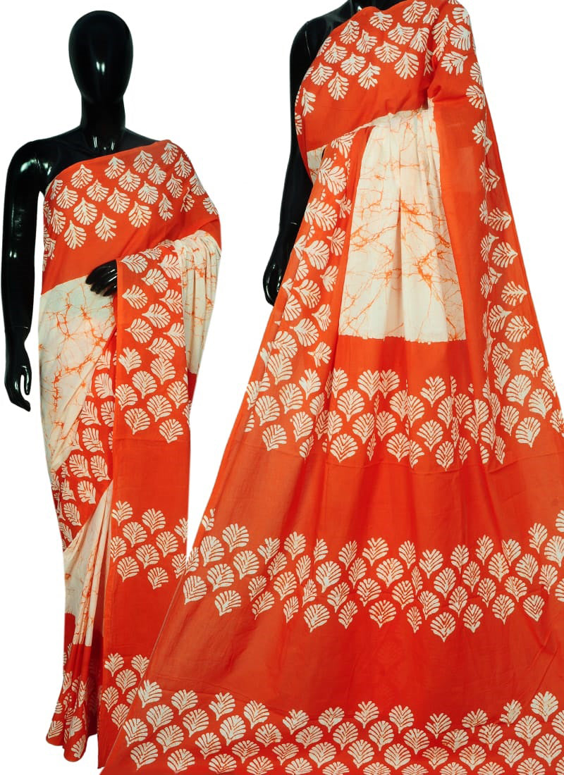 Orange Beige Bagru Printed Pure Cotton Sarees - Dailybuyys