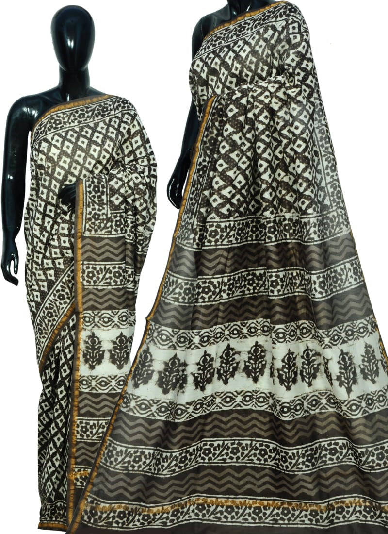 Grey Black Bagru Printed Pure Cotton Sarees - Dailybuyys