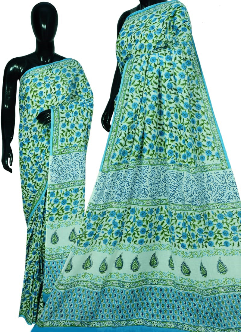 Blue Bagru Printed Pure Cotton Sarees - Dailybuyys