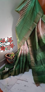 Green Beige Zari KK Block Printed Zari Border Pure Silk Mark Certified Tussar Silk Sarees - Dailybuyys