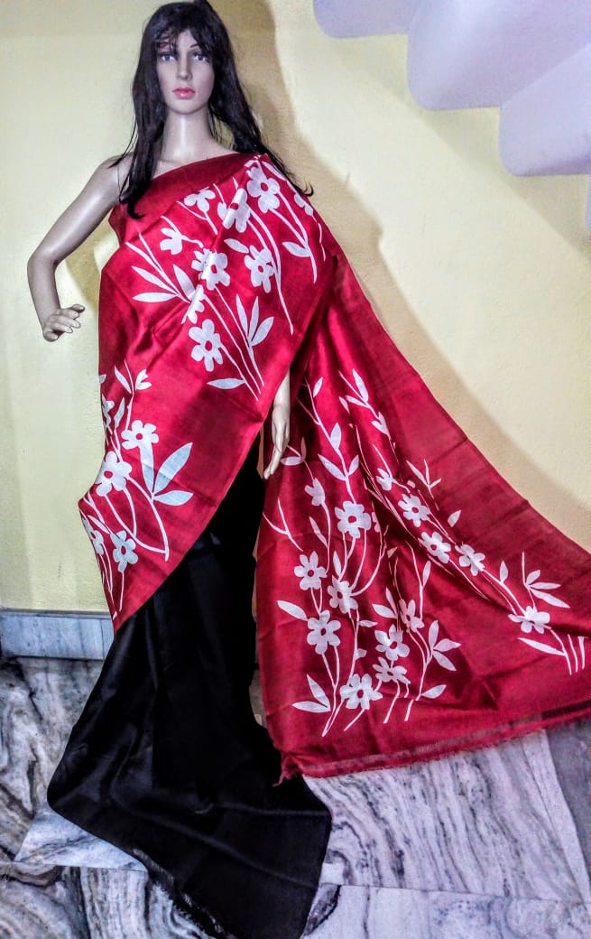 Purple Black Pure KK Block Printed Silk Mark Certified Bishnupuri Silk Sarees - Dailybuyys