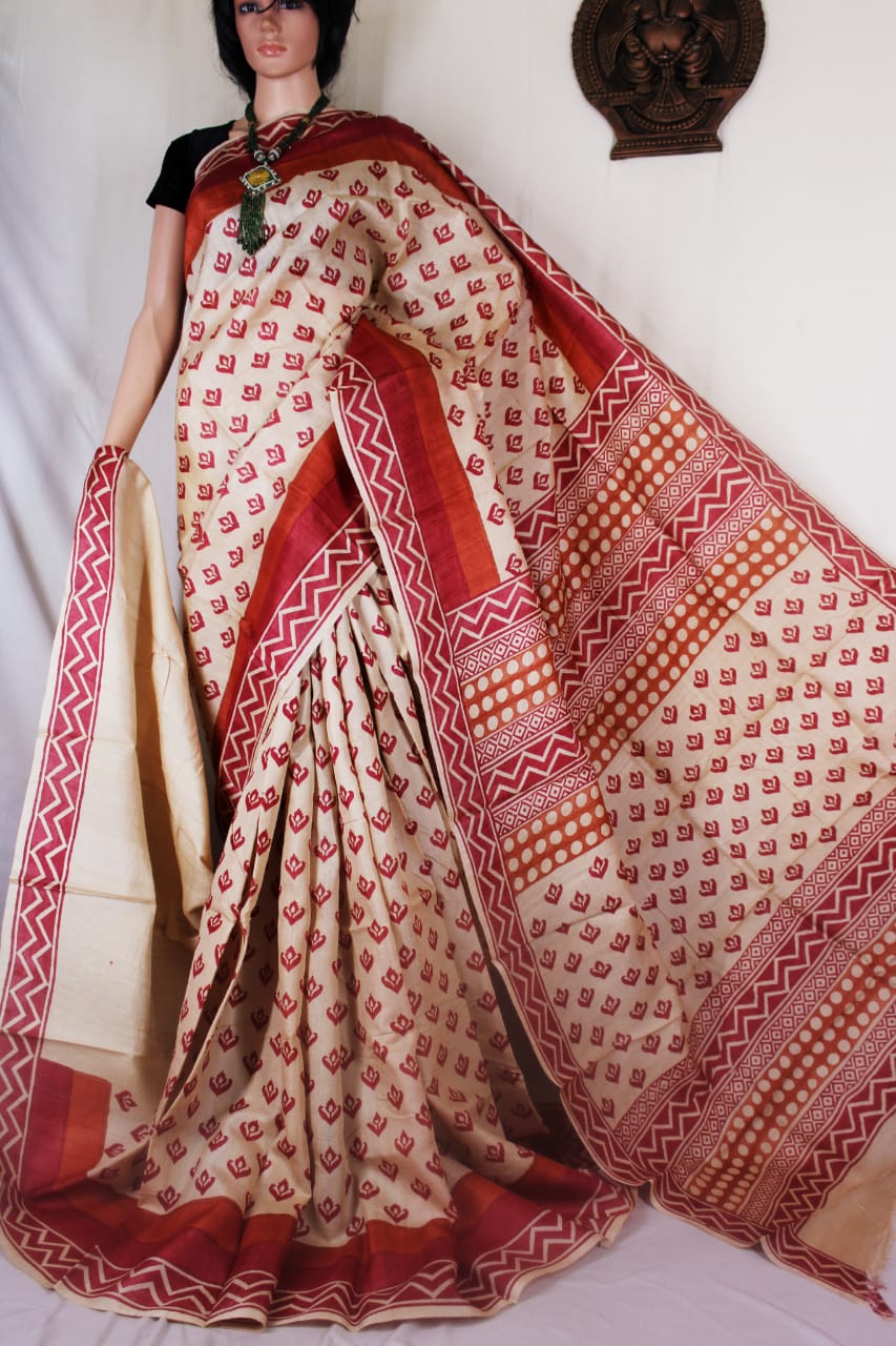 Red Beige Pure KK Block Printed Silk Mark Certified Bishnupuri Silk Sarees - Dailybuyys