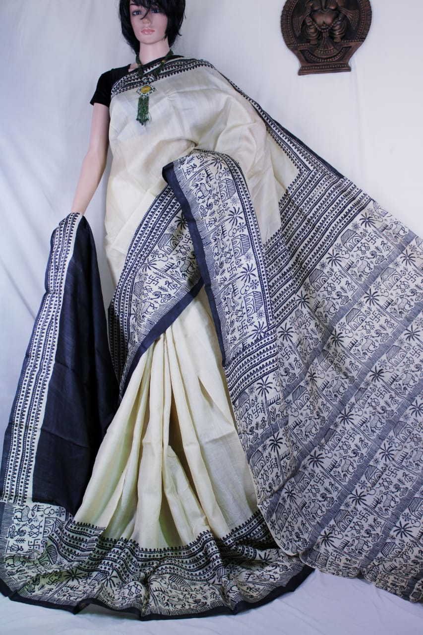 Blue Beige Pure KK Block Printed Silk Mark Certified Bishnupuri Silk Sarees - Dailybuyys