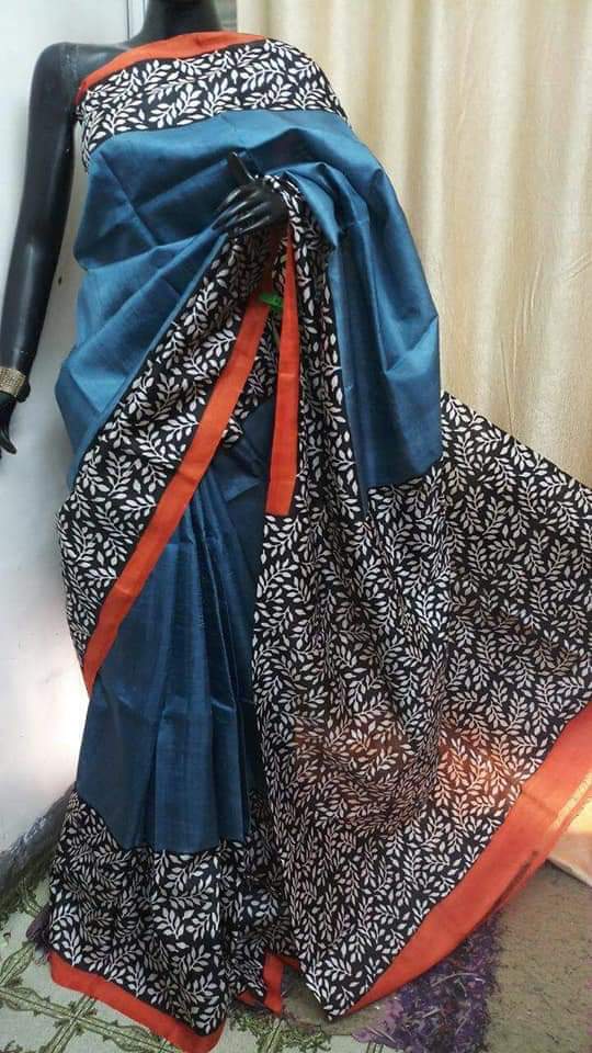 Blue Black Pure KK Block Printed Silk Mark Certified Bishnupuri Silk Sarees - Dailybuyys
