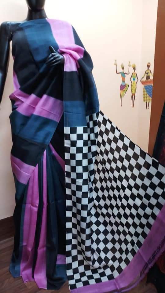 Blue Violet Pure KK Block Printed Silk Mark Certified Bishnupuri Silk Sarees - Dailybuyys