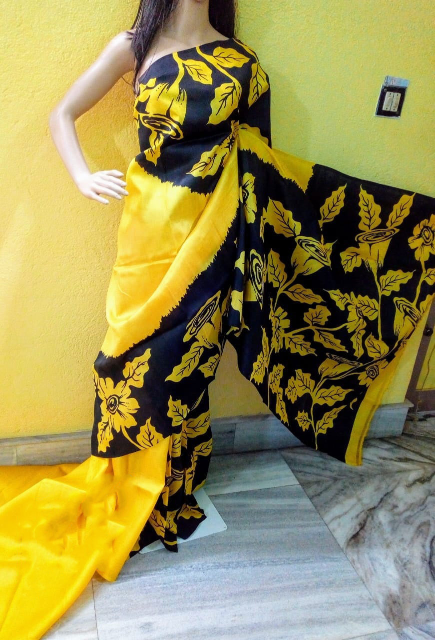 Yellow Black Pure KK Hand Painted Silk Mark Certified Bishnupuri Silk Sarees - Dailybuyys