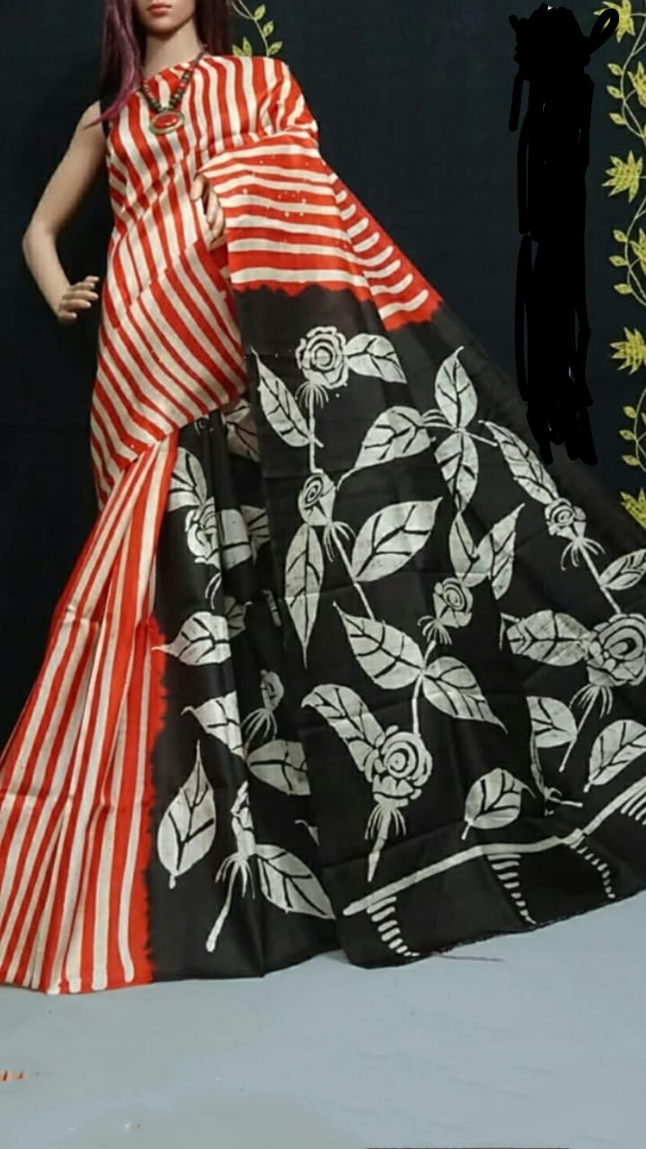 Orange Black Pure KK Block Printed Silk Mark Certified Bishnupuri Silk Sarees - Dailybuyys