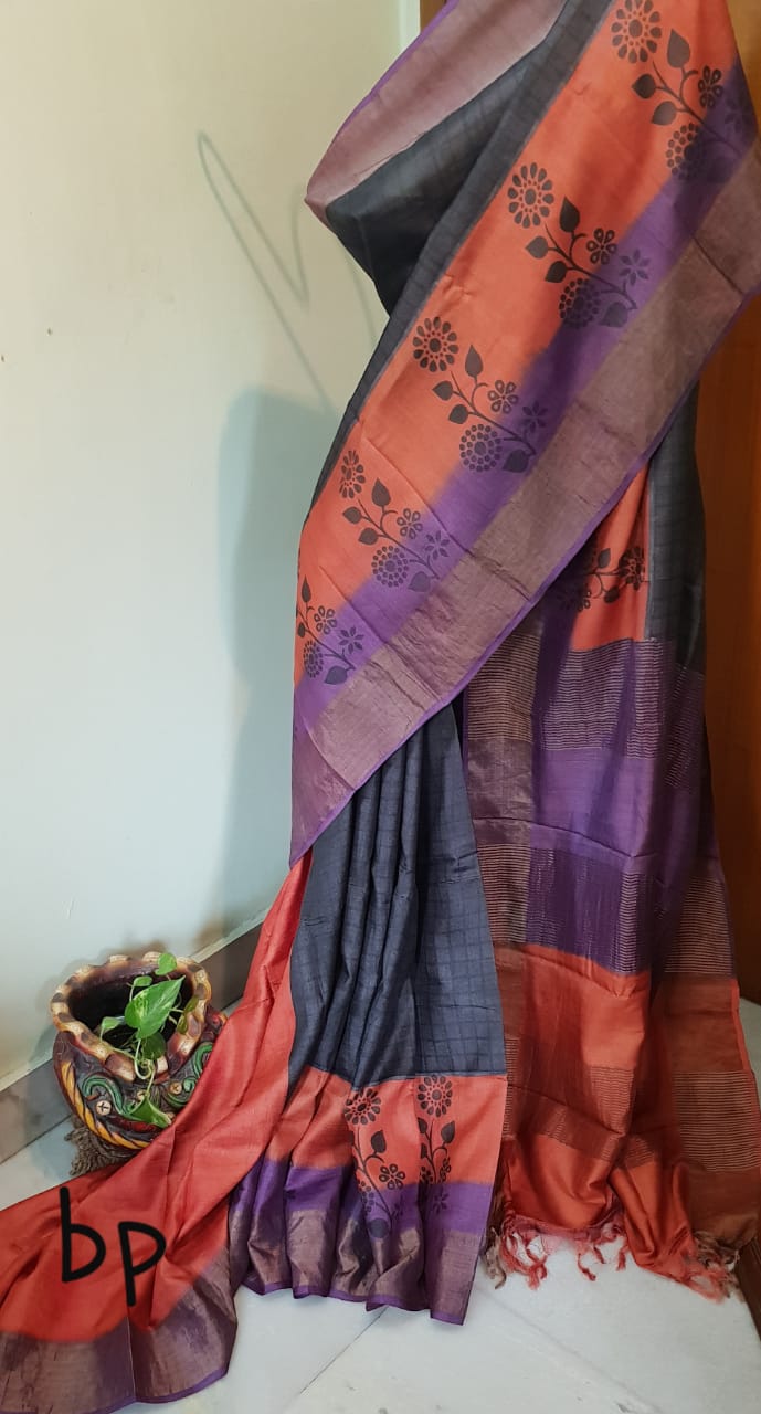 Grey Hand Painted Zari Border KK Zari Border Pure Silk Mark Certified Tussar Silk Sarees - Dailybuyys