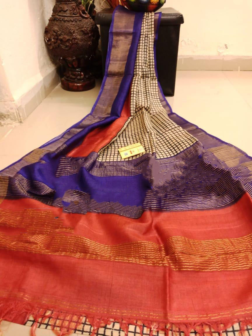 Blue Red Block Printed Zari Border Pure Silk Mark Certified Tussar Silk Sarees - Dailybuyys
