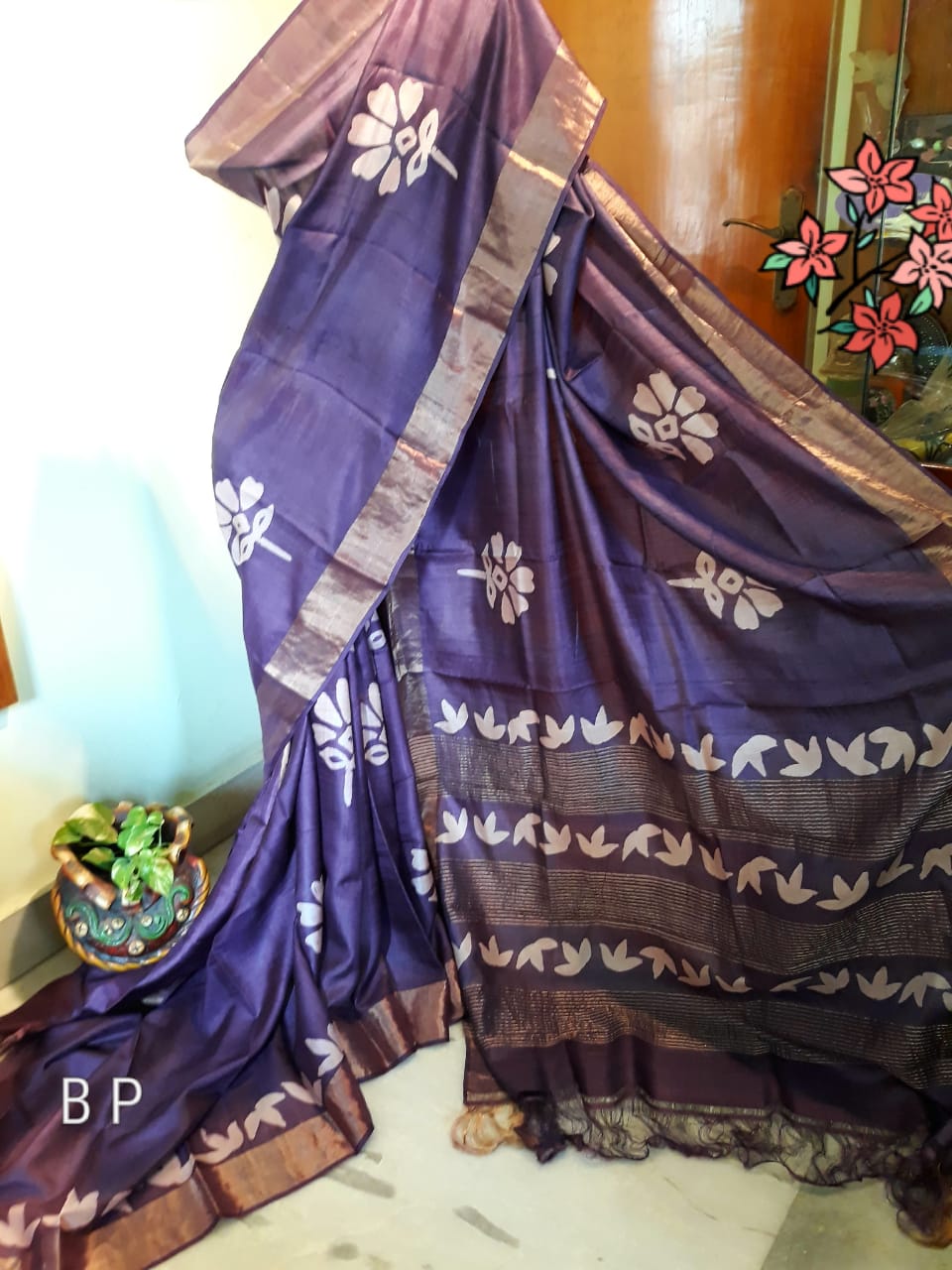 Violet Block Printed Zari Border KK Zari Border Pure Silk Mark Certified Tussar Silk Sarees - Dailybuyys