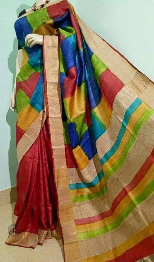Red Beige Block Printed Zari Border KK Zari Border Pure Silk Mark Certified Tussar Silk Sarees - Dailybuyys