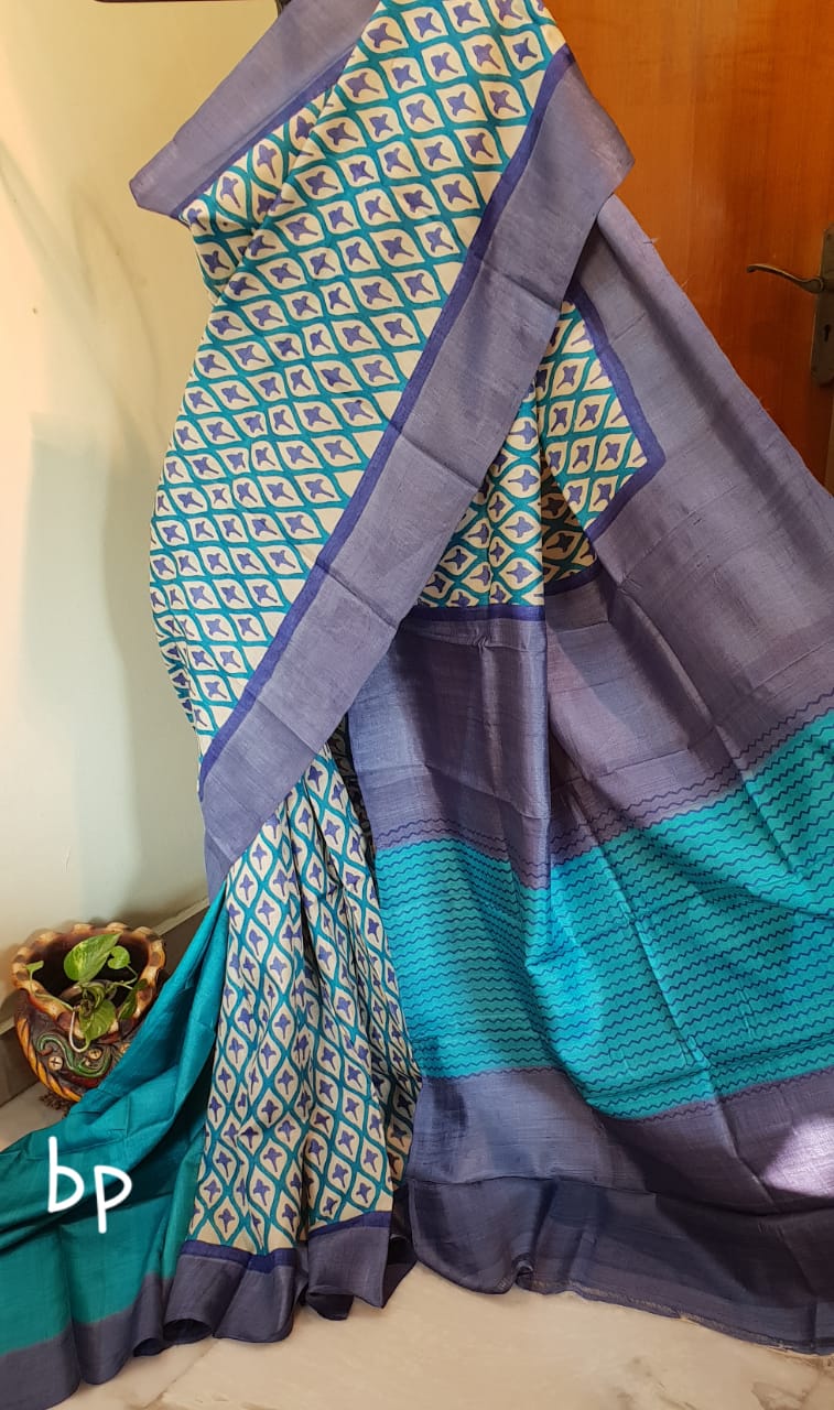 Beige Violet Block Printed Zari Border Pure Silk Mark Certified Tussar Silk Sarees - Dailybuyys