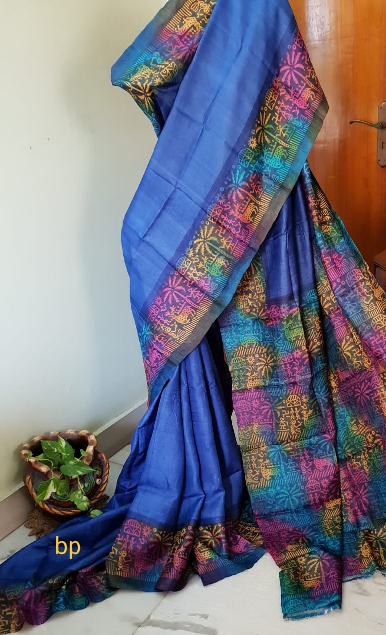 Blue Block Printed Zari Border Pure Silk Mark Certified Tussar Silk Sarees - Dailybuyys