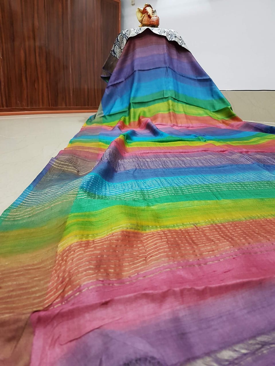Purple Blue Muga Block Printed Zari Border Pure Silk Mark Certified Tussar Silk Sarees - Dailybuyys