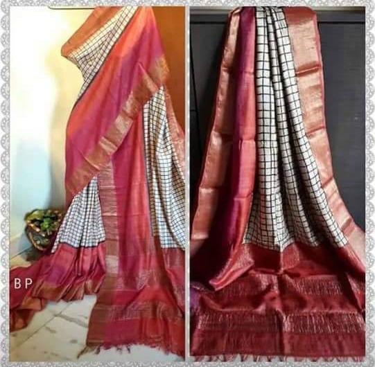 Purple Orange KK Block Printed Zari Border Pure Silk Mark Certified Tussar Silk Sarees - Dailybuyys