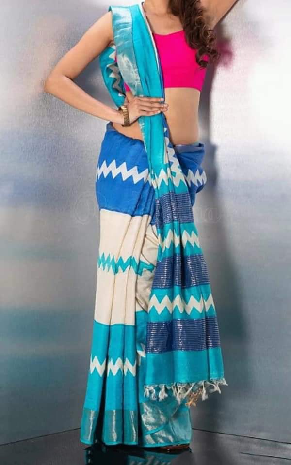 Blue Muga Block Printed Zari Border Pure Silk Mark Certified Tussar Silk Sarees - Dailybuyys