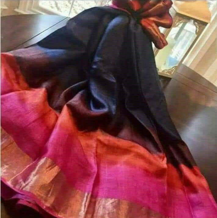 Blue Purple Muga Block Printed Zari Border Pure Silk Mark Certified Tussar Silk Sarees - Dailybuyys