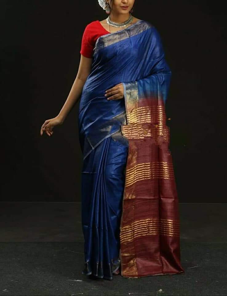 Blue Muga Block Printed Zari Border Pure Silk Mark Certified Tussar Silk Sarees - Dailybuyys