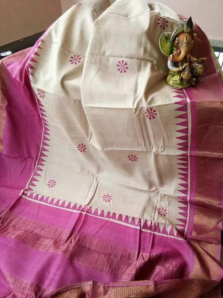 Beige Purple Muga Block Printed Zari Border Pure Silk Mark Certified Tussar Silk Sarees - Dailybuyys