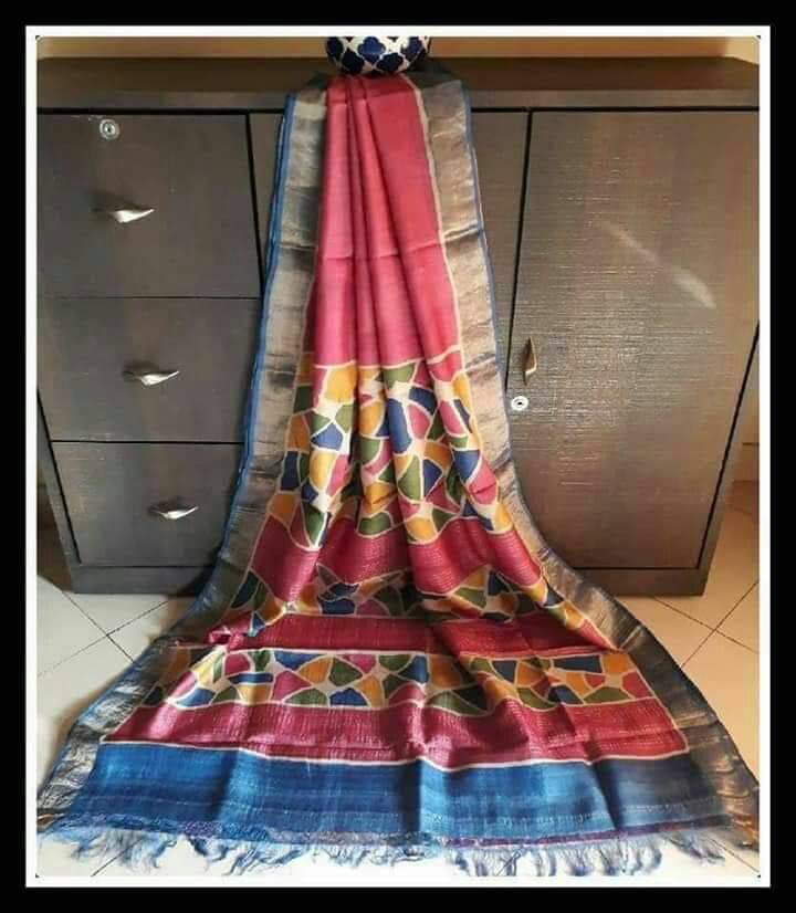 Red Blue Muga Block Printed Zari Border Pure Silk Mark Certified Tussar Silk Sarees - Dailybuyys