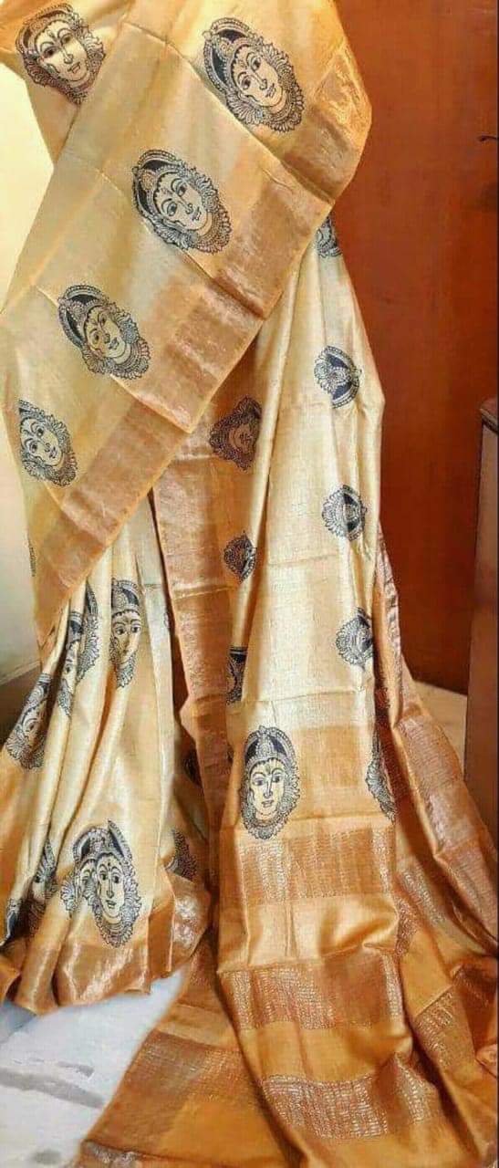 Beige Muga Block Printed Zari Border Pure Silk Mark Certified Tussar Silk Sarees - Dailybuyys