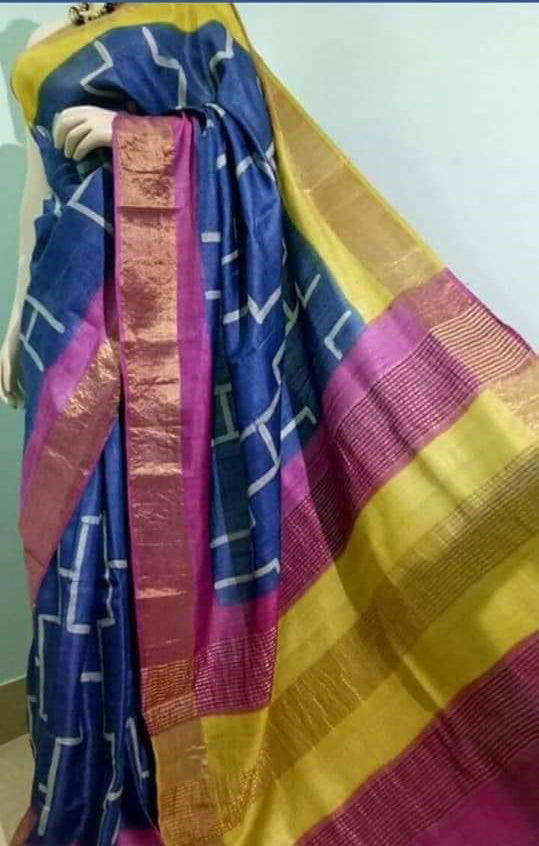 Blue Purple Muga Block Printed Zari Border Pure Silk Mark Certified Tussar Silk Sarees - Dailybuyys