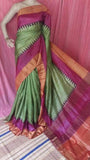 Green Purple Muga  Block Printed Zari Border Pure Silk Mark Certified Tussar Silk Sarees