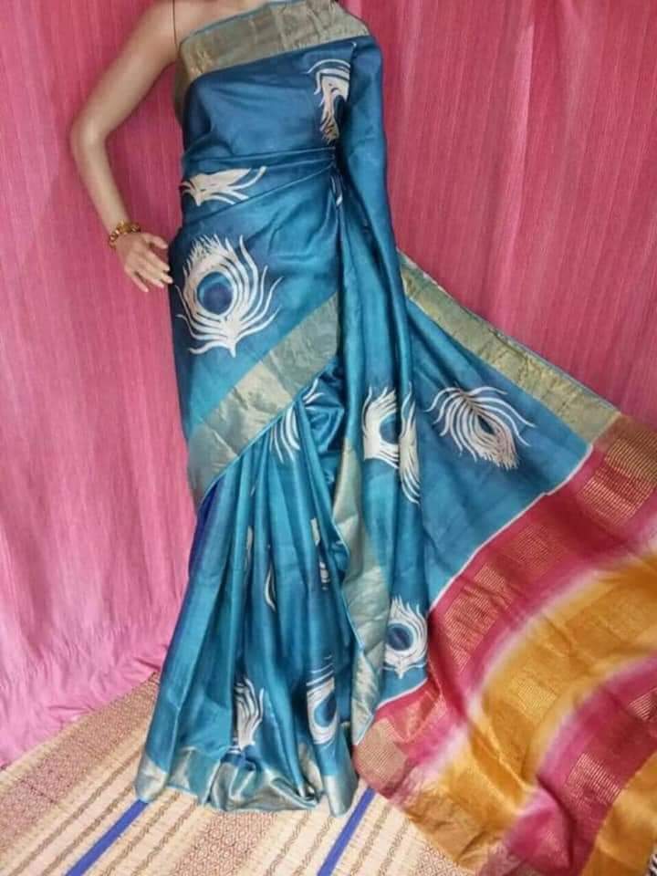 Blue Muga Hand Painted Zari Border Pure Silk Mark Certified Tussar Silk Sarees - Dailybuyys