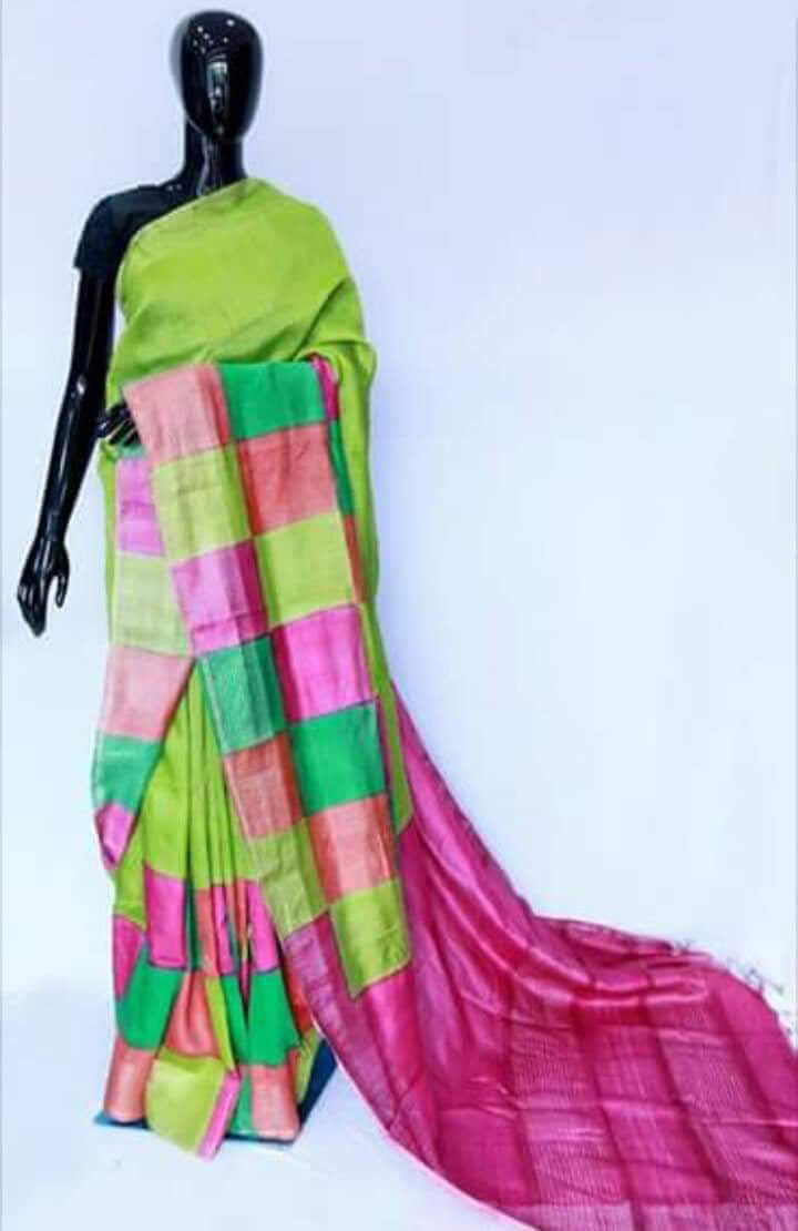 Green Muga Block Printed Zari Border Pure Silk Mark Certified Tussar Silk Sarees - Dailybuyys
