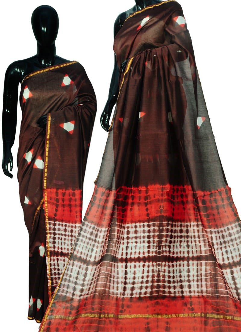Brown Bagru Printed Chanderi Silk Sarees - Dailybuyys