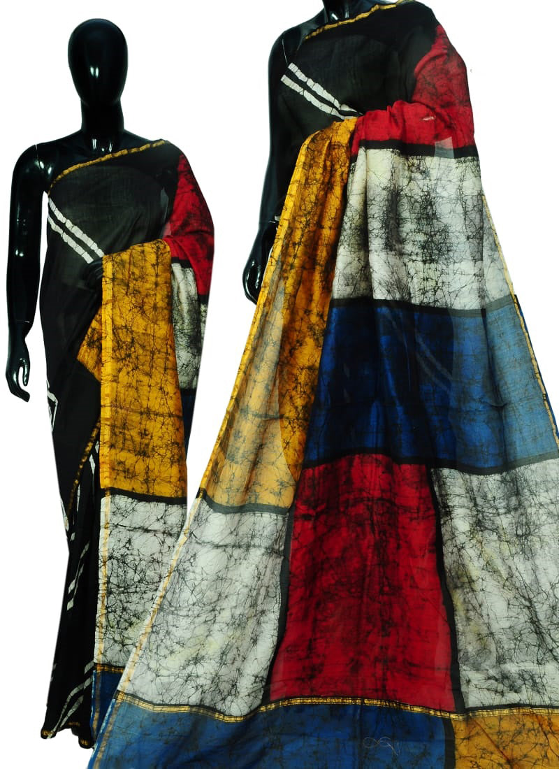 Red Black Bagru Printed Chanderi Silk Sarees - Dailybuyys