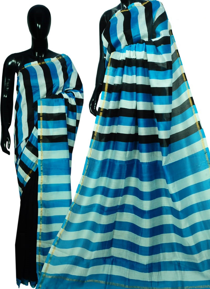 Black Blue Bagru Printed Chanderi Silk Sarees - Dailybuyys