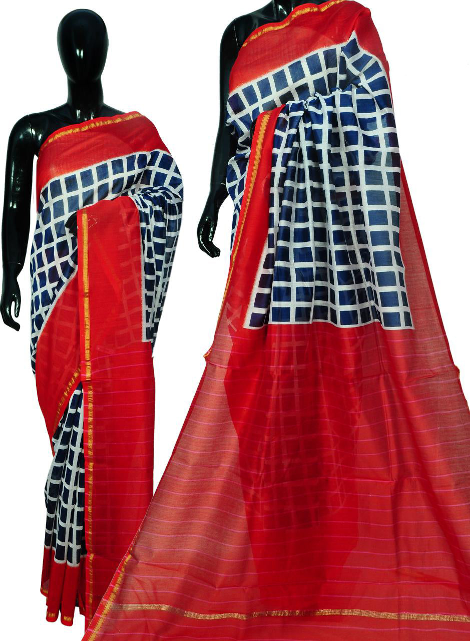 Red Bagru Printed Chanderi Silk Sarees - Dailybuyys