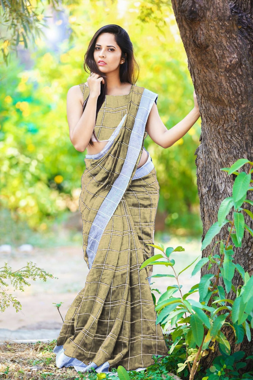 Beige Pure Linen Sarees - Dailybuyys