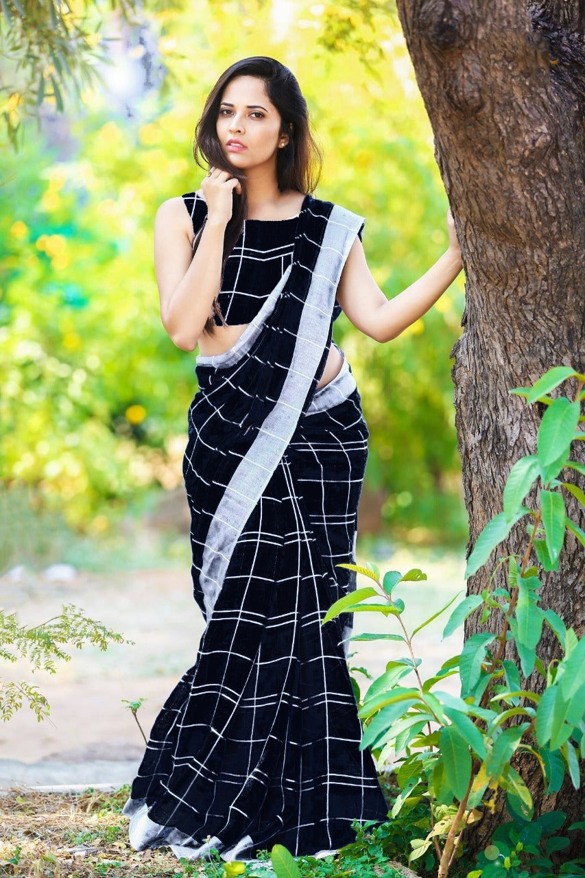 Black Pure Linen Sarees - Dailybuyys