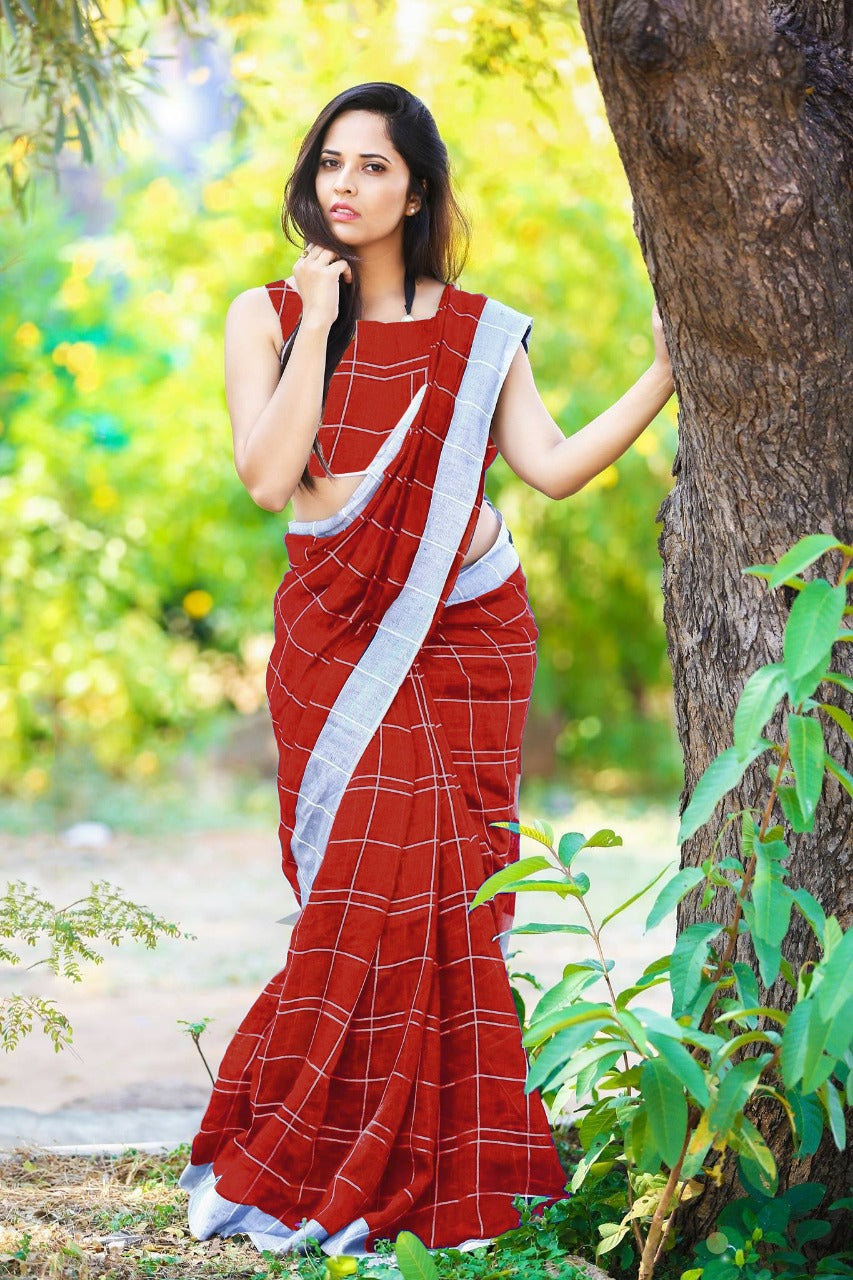 Red Pure Linen Sarees - Dailybuyys