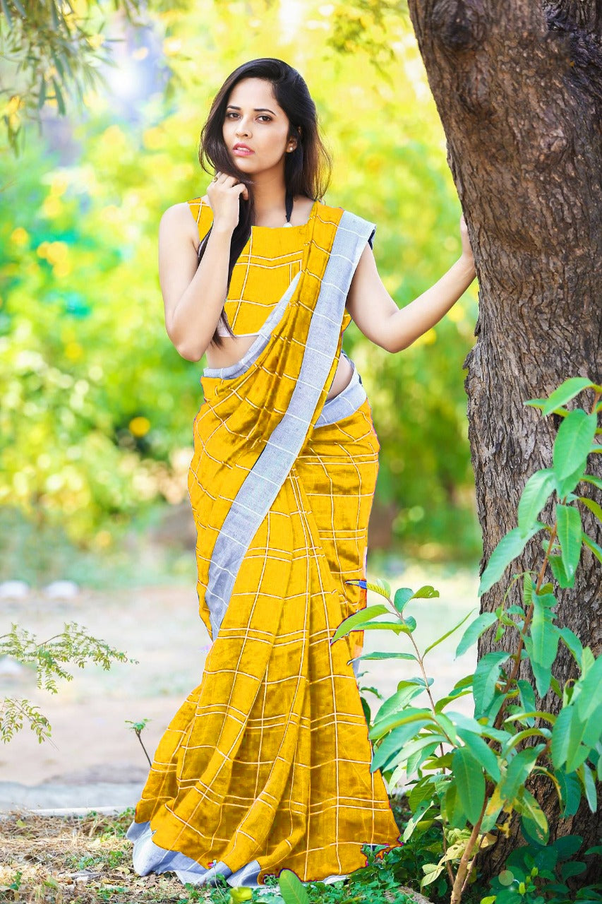 Yellow Pure Linen Sarees - Dailybuyys