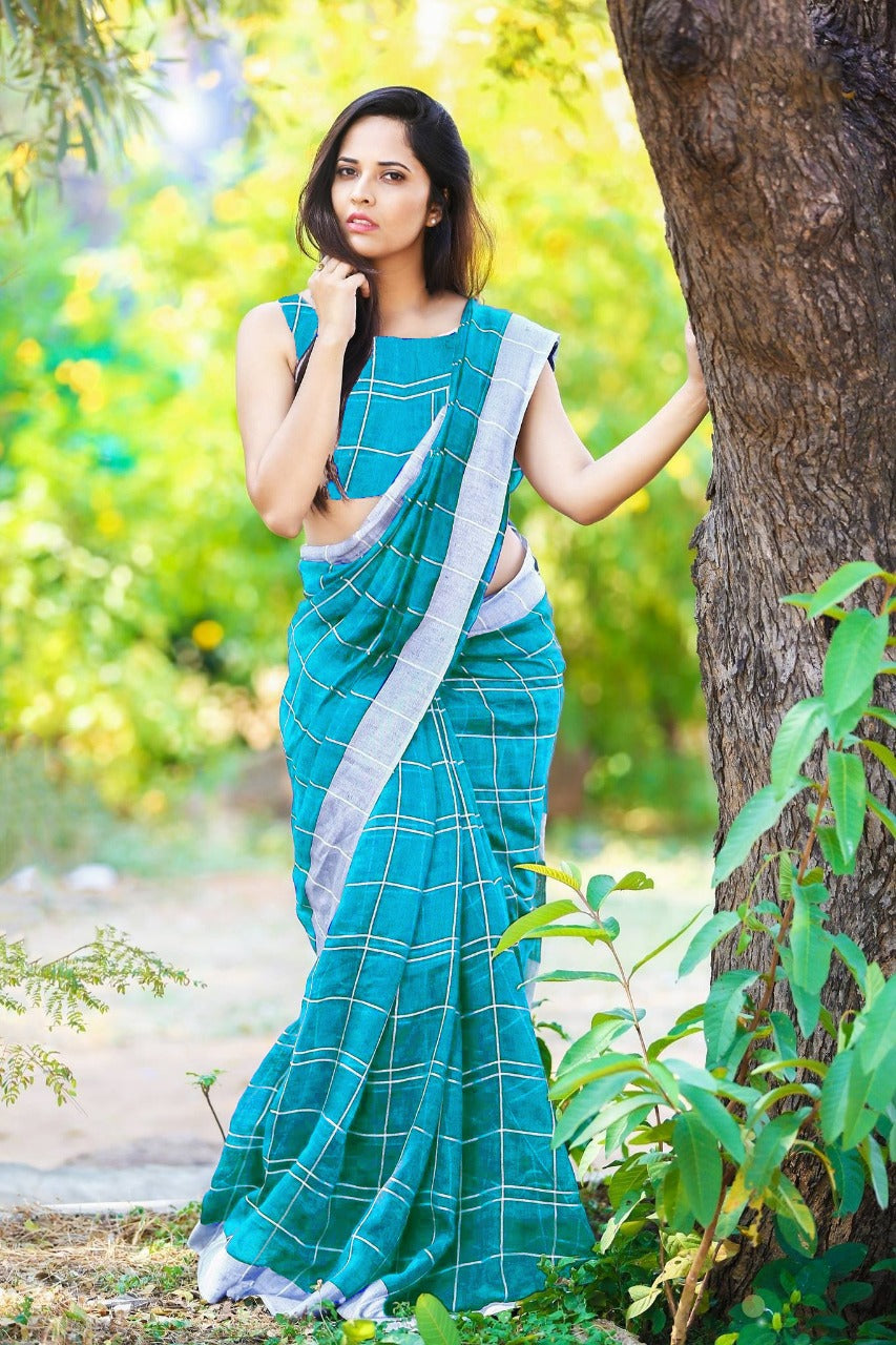 Blue Pure Linen Sarees - Dailybuyys
