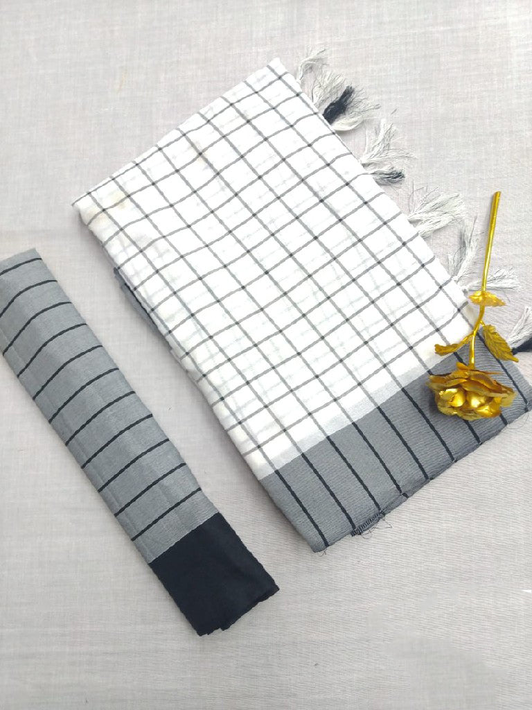 White Pure Linen Sarees - Dailybuyys