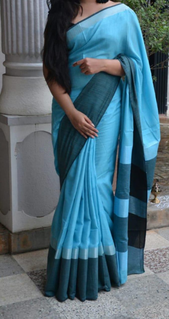 Blue Check Pure Linen Sarees - Dailybuyys
