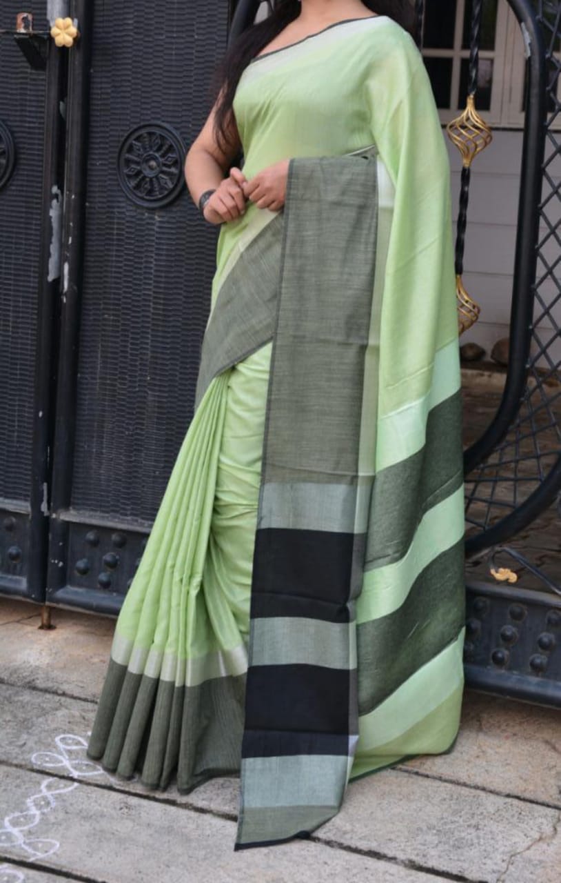 Green Check Pure Linen Sarees - Dailybuyys