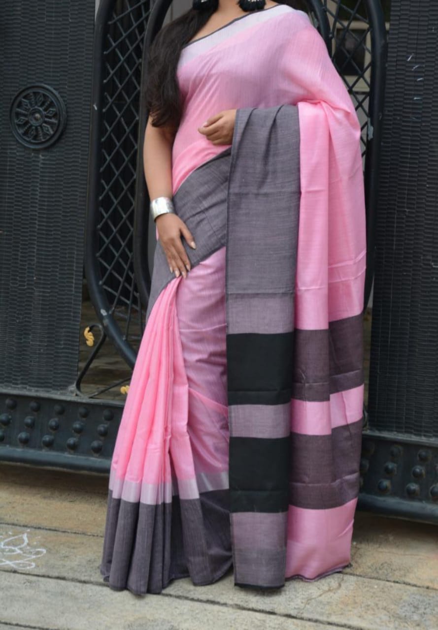 Pink Check Pure Linen Sarees - Dailybuyys