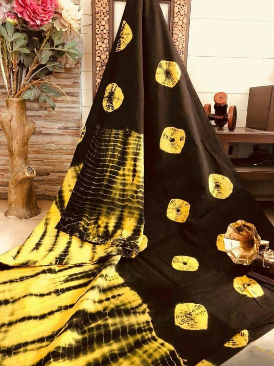 Brown Yellow Mulmul Batik Sarees - Dailybuyys