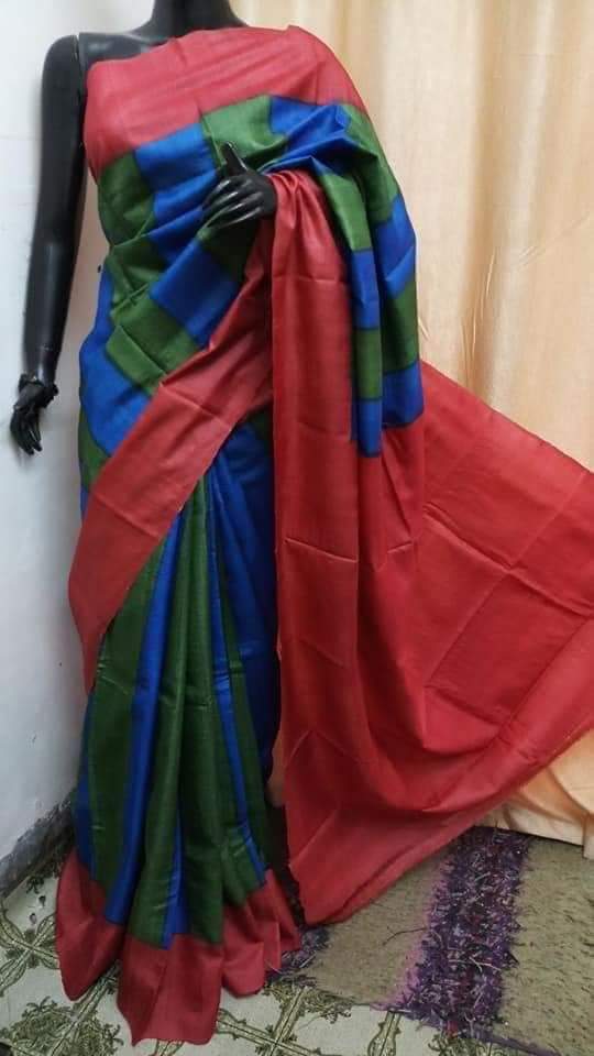 Blue Red Block Printed Pure Silk Mark Certified Bishnupuri Silk Sarees - Dailybuyys