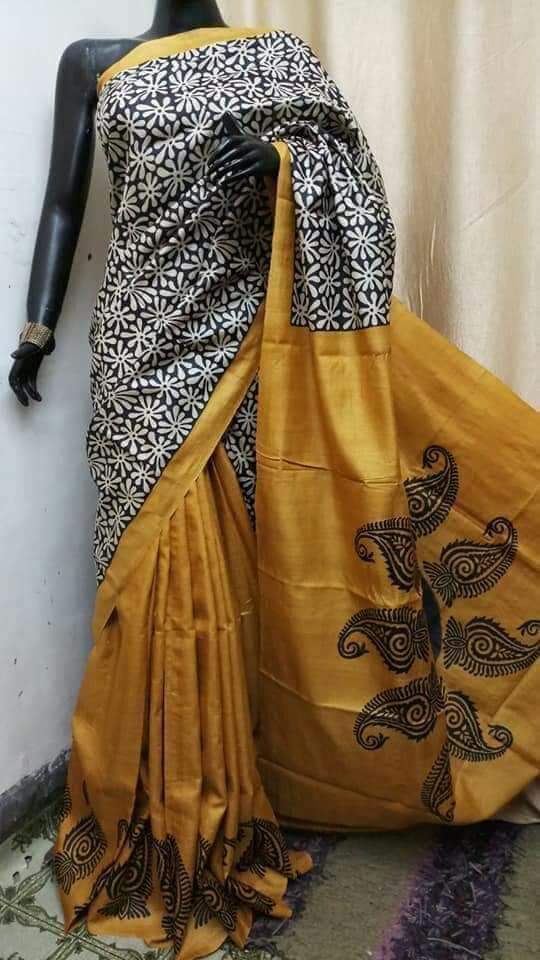 Yellow Pure Block Printed Silk Mark Certified Bishnupuri Silk Sarees - Dailybuyys