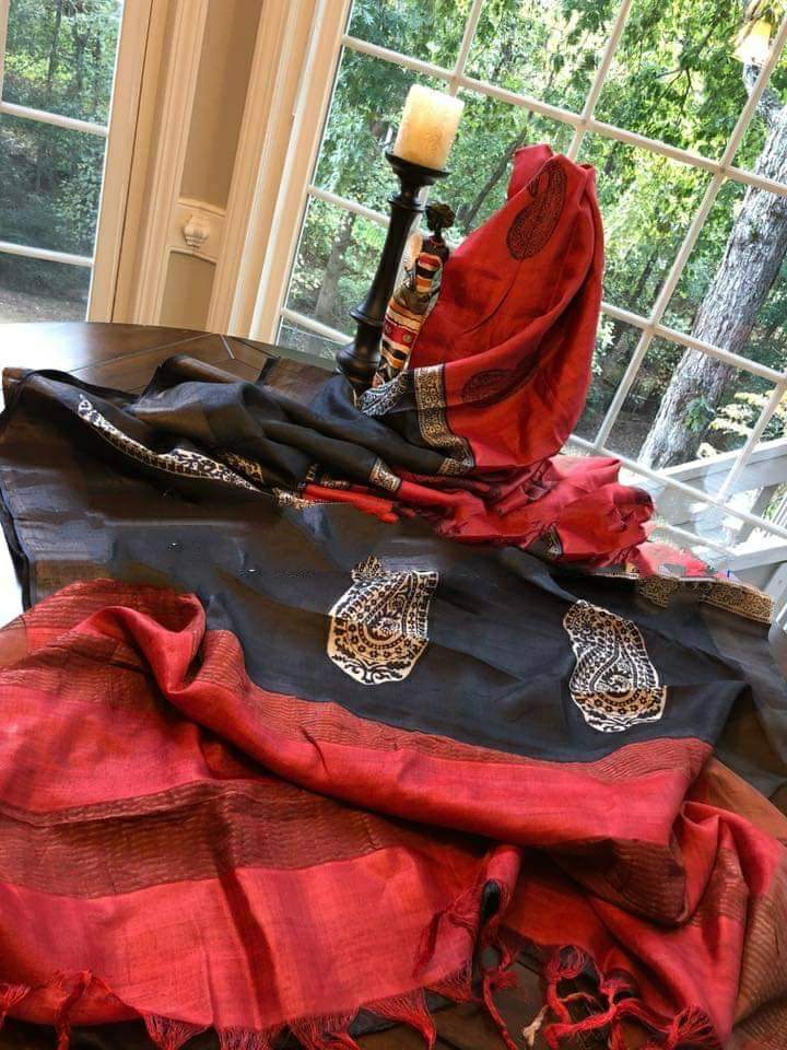 Blue Red Block Printed Zari Border Pure Silk Mark Certified Tussar Silk Sarees - Dailybuyys