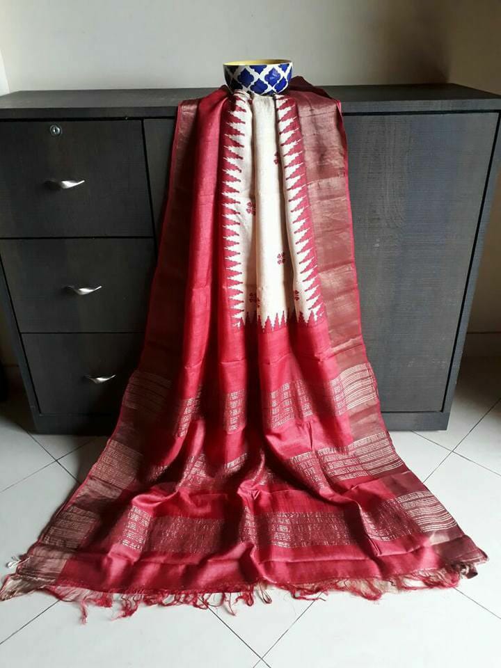 Red Zari Block Printed Zari Border Pure Silk Mark Certified Tussar Silk Sarees - Dailybuyys